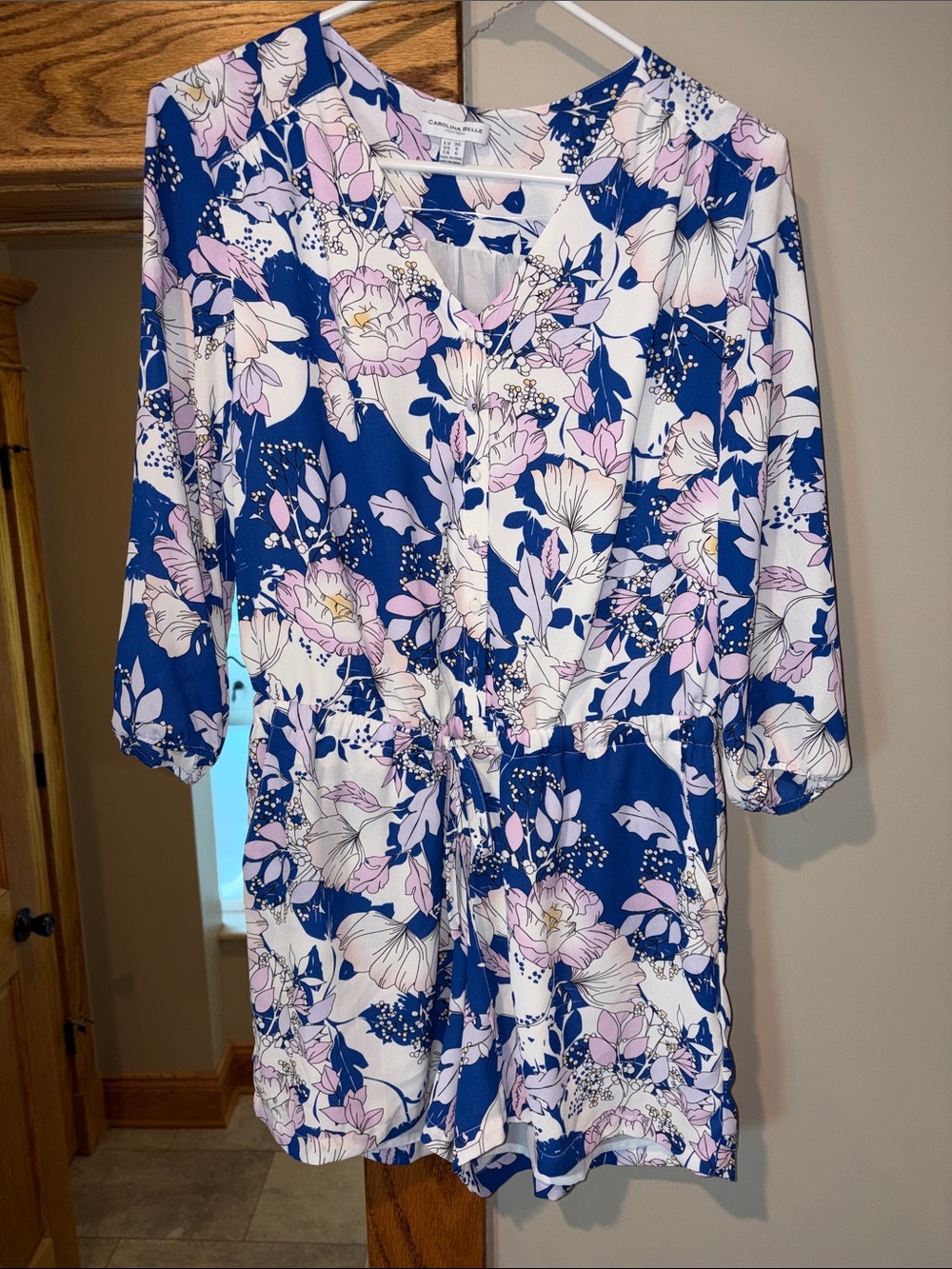 Carolina Belle Navy Blue White Pink Floral Drawstring Romper